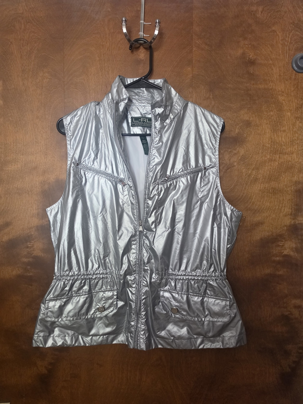 Ralph Lauren Metallic Silver Sleeveless Packable Jacket Vest